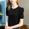 Short-sleeved T-shirt women's new solid color half-sleeved cotton shirt pleated puff sleeve design top for women - Black