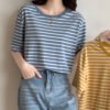 Short Sleeve T-Shirt Women's Summer Thin 2026 New Versatile Loose Cotton Green Striped Shirt Women's Jacket - Blue stripes