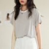 Tencel linen short-sleeved 2026 new spring/summer base shirt women's versatile crew neck T-shirt casual contrasting pullover top - Weaving ashes