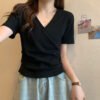 Cross V-neck short-sleeved T-shirt women's 2026 summer new design sense slim slim short student slim top trend - Black