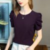 Short-sleeved T-shirt women's new solid color half-sleeved cotton shirt pleated puff sleeve design top for women - Solanum purple