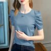 Short-sleeved T-shirt women's new solid color half-sleeved cotton shirt pleated puff sleeve design top for women - Mist orchid