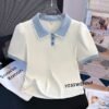 Plus-size shoulder short-sleeved T-shirt women's summer 2026 new fat mm fake two-piece doll collar top is foreign - Blue