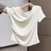 Gentle pleated irregular straight neck off-the-shoulder short-sleeved T-shirt women's 2026 summer new niche design top - Off-white