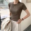 H311 New Crew Neck Shirt Women's Summer Top Casual Short Sleeve T-Shirt Versatile Breathable Women's Slim Body Base Layer - Coffee color