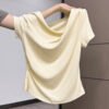 Gentle pleated irregular straight neck off-the-shoulder short-sleeved T-shirt women's 2026 summer new niche design top - Creamy yellow