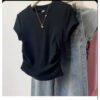 Crew neck shoulder short-sleeved women's T-shirt 2026 summer new design slimming pullover pleated versatile cropped base top - Black