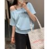 Design slanted shoulder short-sleeved women's off-the-shoulder short T-shirt summer pure desire hot girl loose black one-line shoulder clothes - Light blue