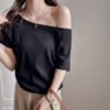 Carefully selected white modal one-shoulder short-sleeved T-shirt women's new summer sweet and spicy loose versatile off-the-shoulder top - Black