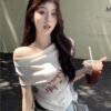 One-neck short-sleeved slim T-shirt women's 2026 summer monogram print slimming hot girl versatile cropped off-the-shoulder top - White