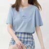 Short sleeve Korean crew neck T-shirt women's summer loose plant print casual solid color base shirt top Korean women's clothing - Blue