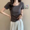 2026 summer design sense niche pure desire style sweet and hot girl U-neck straight shoulder short-sleeved T-shirt women's irregular cropped top - Kajiain #A006 #Grey