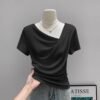 Gentle pleated irregular straight neck off-the-shoulder short-sleeved T-shirt women's 2026 summer new niche design top - Black