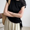 Luxi Korean version of simple slim lace-up short sleeve women's summer new waist irregular hem T-shirt top 2626 - Black