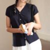 Spring and summer silk lyocell base shirt women's 2026 new V-neck linen T-shirt skin-friendly button-down cardigan short-sleeved top - Dark blue