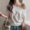 Carefully selected white modal one-shoulder short-sleeved T-shirt women's new summer sweet and spicy loose versatile off-the-shoulder top - White