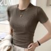 H521 live broadcast explosive round neck short-sleeved T-shirt women's summer wear on the outside with a base shirt on the inside, solid color is comfortable and breathable - Coffee