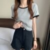 Contrasting crew neck short-sleeved T-shirt women's 2026 new summer base layer Korean slim short top trend - grey