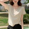 H783 loose and lazy style solid color big V collar short-sleeved women's T-shirt summer new casual simple and versatile to show thin trend - apricot
