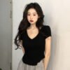 Pure Lust V-neck short-sleeved T-shirt women's summer 2026 new slim slim hot girl short irregular base top - Black