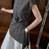 Luxi Korean version of simple slim lace-up short sleeve women's summer new waist irregular hem T-shirt top 2626 - grey