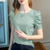 Short-sleeved T-shirt women's new solid color half-sleeved cotton shirt pleated puff sleeve design top for women - Mint green