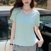 H783 loose and lazy style solid color big V collar short-sleeved women's T-shirt summer new casual simple and versatile to show thin trend - Light green