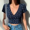 American retro style floral cross V-neck slim short crop top short-sleeved T-shirt women's top 2026 summer new trend - Dark blue