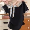 Sweet and spicy plaid contrast diagonal short-sleeved T-shirt women's summer retro bow waist slimming pleated cropped top - Black