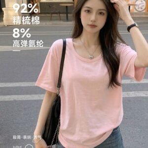 Spring Korean top, women's short-sleeved T-shirt, pure cotton, loose and slimming, inner base layer, dopamine pink women