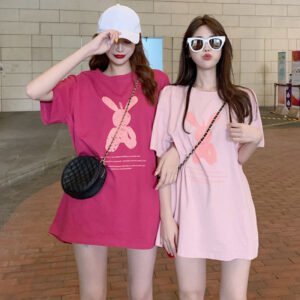 Summer mid-length loose girlfriend outfit base shirt women's cartoon ins crew neck plus size short-sleeved T-shirt women's top women's clothing