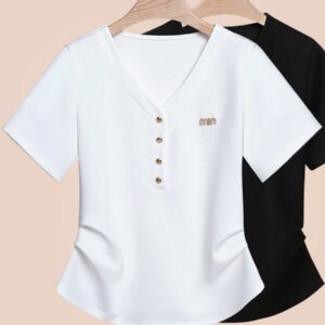 White women's summer 2026 new design V-neck irregular curved hem Korean version short-sleeved T-shirt women's half sleeves