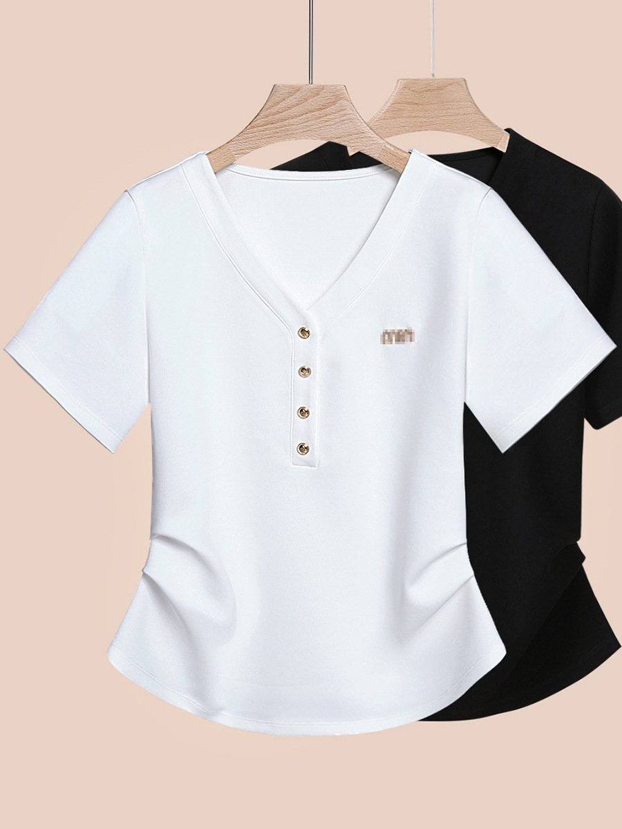 White women's summer 2026 new design V-neck irregular curved hem Korean version short-sleeved T-shirt women's half sleeves