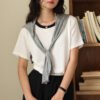 Tencel linen short-sleeved 2026 new spring/summer base shirt women's versatile crew neck T-shirt casual contrasting pullover top - Soft white
