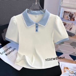 Plus-size shoulder short-sleeved T-shirt women's summer 2026 new fat mm fake two-piece doll collar top is foreign
