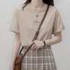 Short sleeve Korean crew neck T-shirt women's summer loose plant print casual solid color base shirt top Korean women's clothing - Khaki