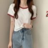 Contrasting crew neck short-sleeved T-shirt women's 2026 new summer base layer Korean slim short top trend - White