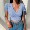 American retro style floral cross V-neck slim short crop top short-sleeved T-shirt women's top 2026 summer new trend - Blue-purple