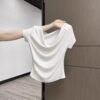One-shoulder swing neck exposed collarbone pure desire fragrant shoulder T-shirt women's straight shoulders slim waist short sleeve sexy short top summer - White
