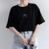 Short sleeve Korean crew neck T-shirt women's summer loose plant print casual solid color base shirt top Korean women's clothing - Black