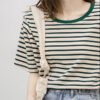 Short Sleeve T-Shirt Women's Summer Thin 2026 New Versatile Loose Cotton Green Striped Shirt Women's Jacket - Green stripes