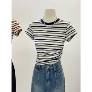 Gigafactory American striped T-shirt women's contrasting color reduction shoulder short sleeve summer slim hot girl style base top