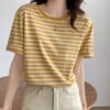 Short Sleeve T-Shirt Women's Summer Thin 2026 New Versatile Loose Cotton Green Striped Shirt Women's Jacket - Yellow stripes