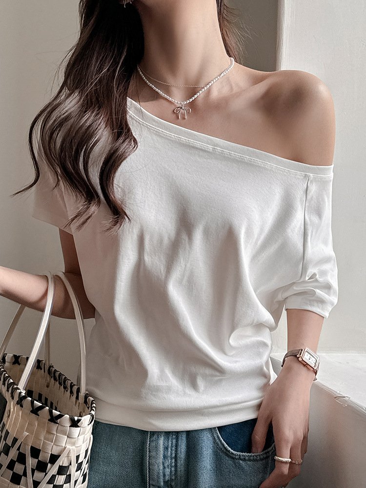 Carefully selected white modal one-shoulder short-sleeved T-shirt women's new summer sweet and spicy loose versatile off-the-shoulder top