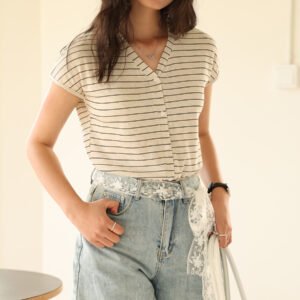 Spring and summer silk lyocell base shirt women's 2026 new V-neck linen T-shirt skin-friendly button-down cardigan short-sleeved top