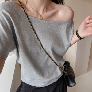 One-shoulder off-the-shoulder slanted gray loose short-sleeved T-shirt women's high-end casual spring and summer drop-shoulder design top