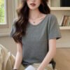 H783 loose and lazy style solid color big V collar short-sleeved women's T-shirt summer new casual simple and versatile to show thin trend - Light gray