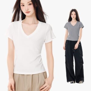 Solid color V-neck short-sleeved T-shirt women's new summer pure desire style slimming straight shoulder short top women's half-sleeved base shirt
