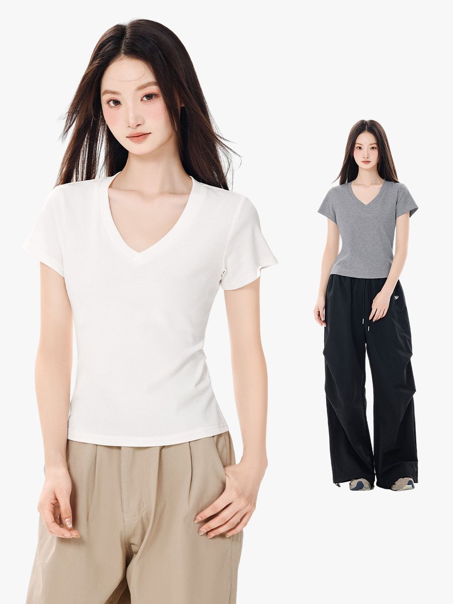 Solid color V-neck short-sleeved T-shirt women's new summer pure desire style slimming straight shoulder short top women's half-sleeved base shirt