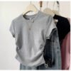 Crew neck shoulder short-sleeved women's T-shirt 2026 summer new design slimming pullover pleated versatile cropped base top - grey